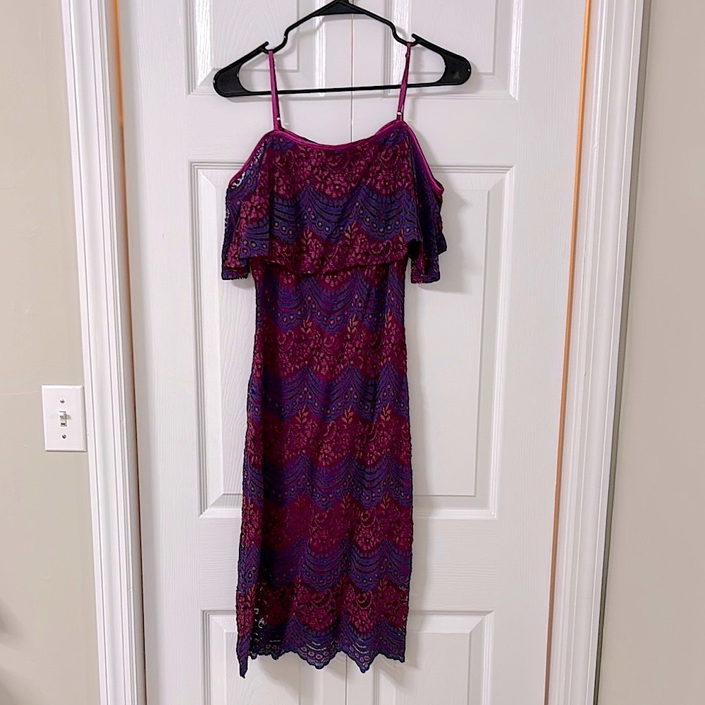 Bebe Purple and Navy Lace Midi Dress